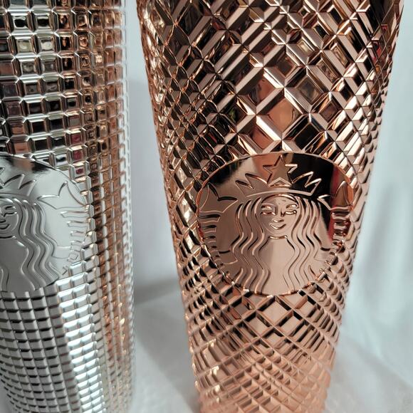 Starbucks Chrome Rose Gold Jeweled Metallic Silver Grid 2023 Holiday 24oz Venti - Picture 4 of 11